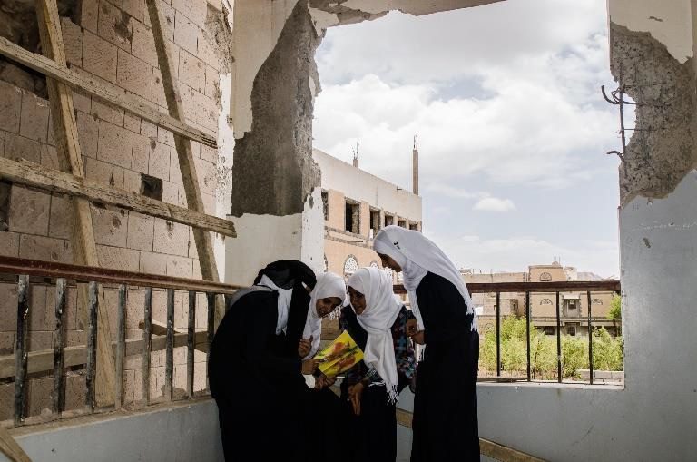 Girls attending a damaged school in Sana’a