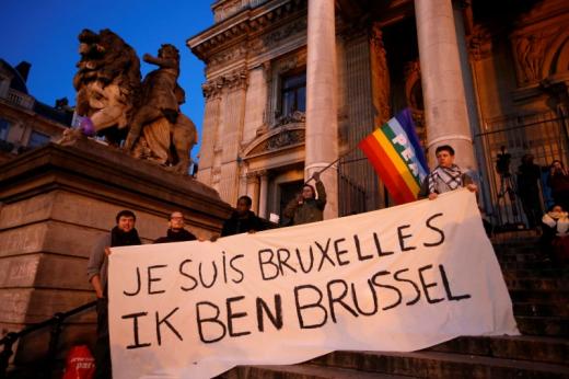 People display a solidarity banner in Brussels following bomb attacks in Brussels, Belgium