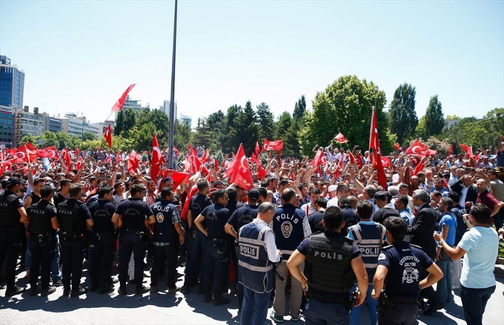 People march to Turkish General Staff building to react against military coup attempt, in Ankara, Turkey on July 16, 2016.