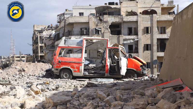 A destroyed ambulance among the rubble in al-Ansari neighborhood, Syria Civil Defense, Aleppo